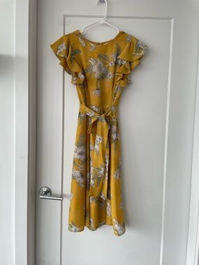 J.O.A. Mustard Floral Ruffle Midi Dress